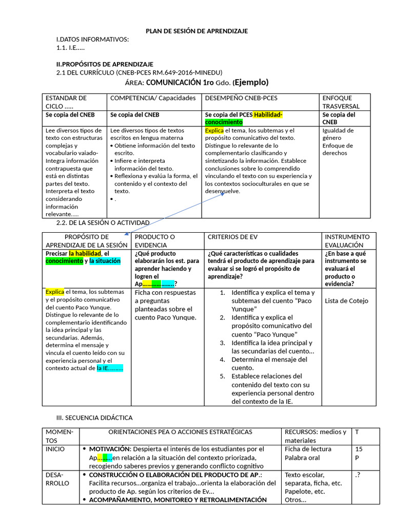 Formato de Plan de Sesión de Aprendizaje | PDF | Aprendizaje | Sicología