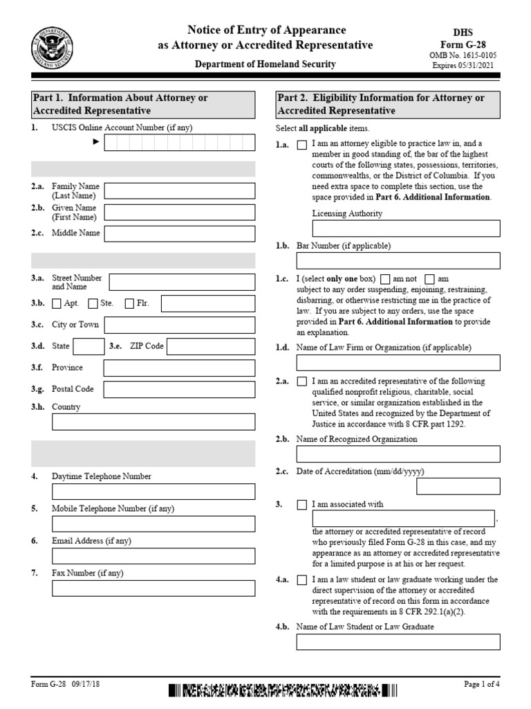 USCIS Form G-28: Attorney Representation | PDF | United States ...