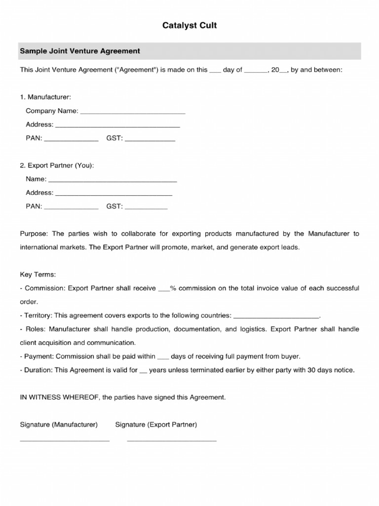 Catalyst Cult JV Export Agreement Template | PDF