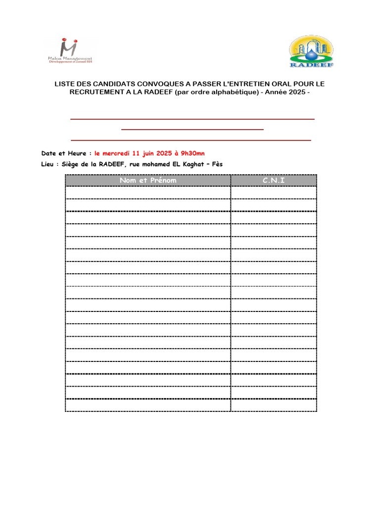 Liste des candidats entretien Radeef 2025 | PDF