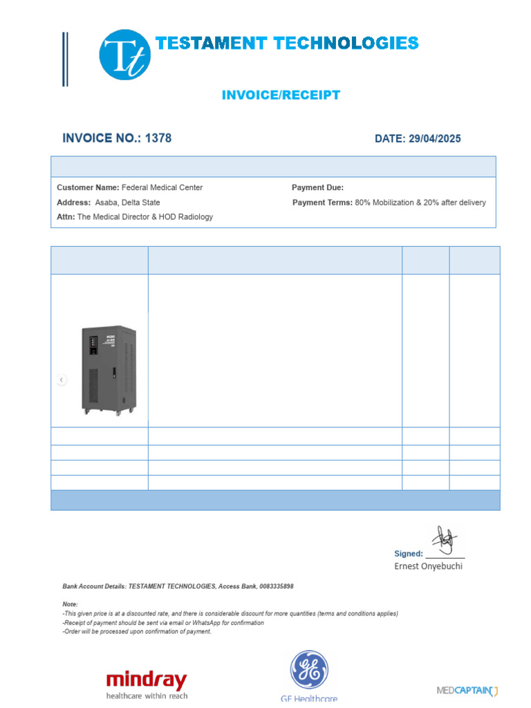 Invoice for Asaba Stabilizer Purchase | PDF | Receipt | Electric Power
