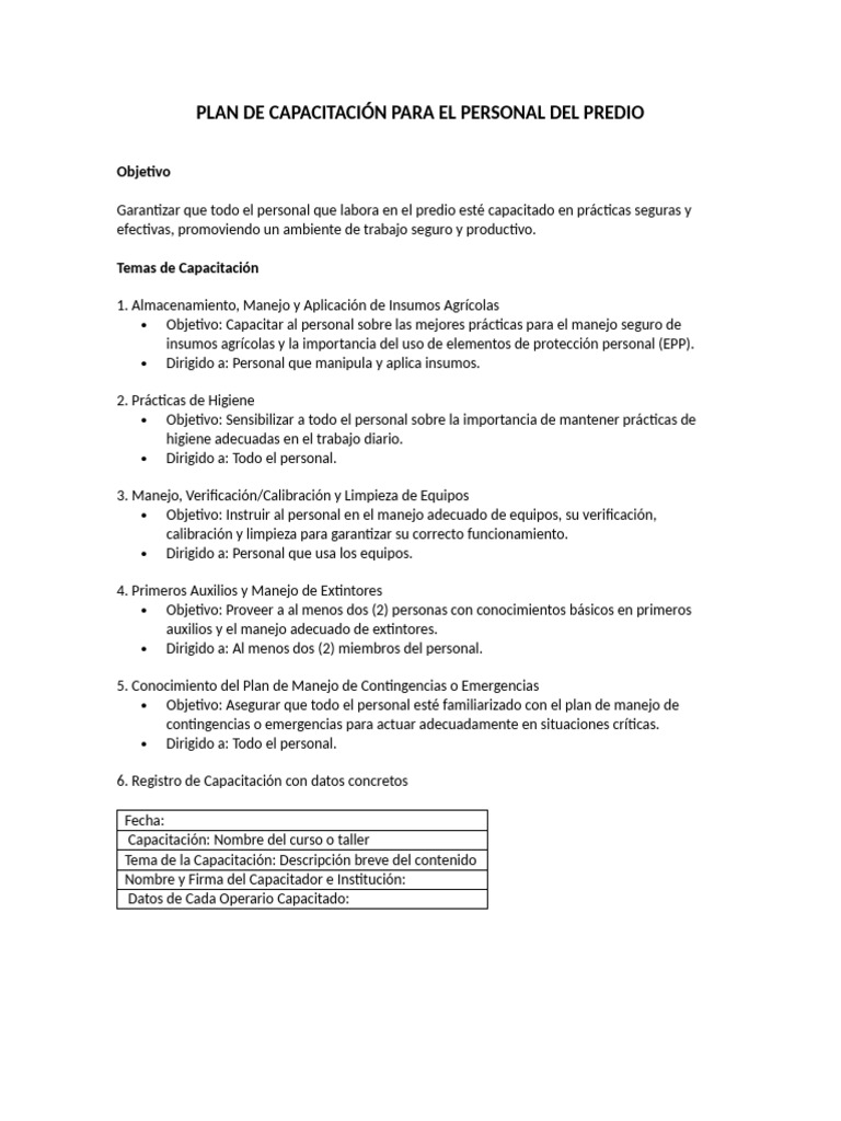 Plan de Capacitación para El Personal Del Predio | PDF