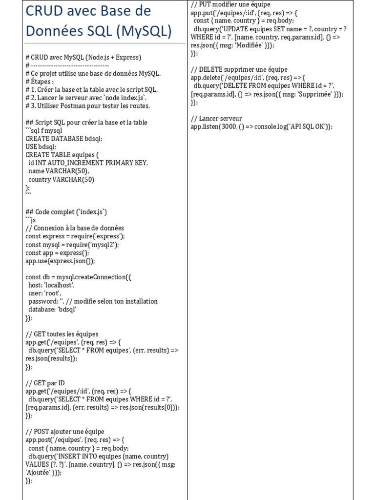 CRUD SQL avec MySQL et Node.js | PDF | SQL | MySQL