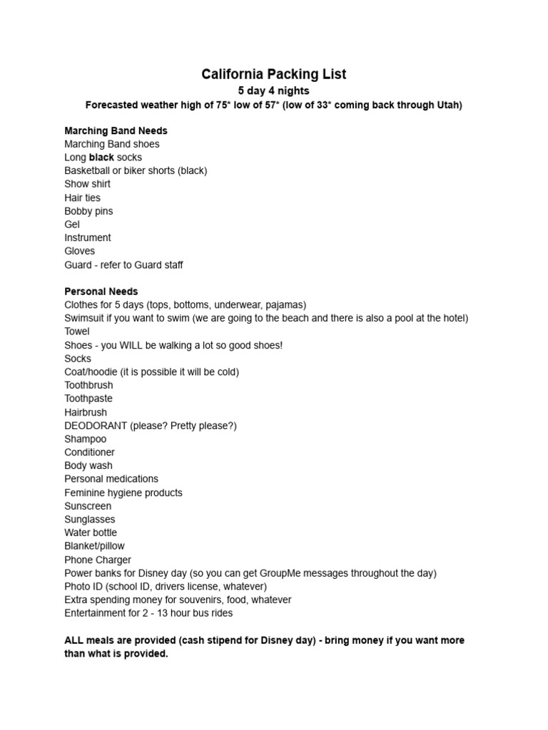 California Packing List | PDF