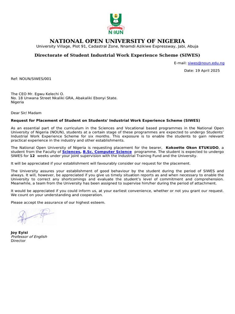 Request for Student SIWES Placement | PDF