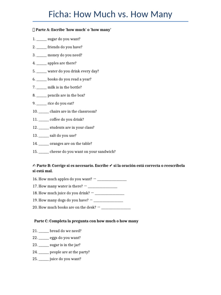 How Much vs. How Many Exercises | PDF