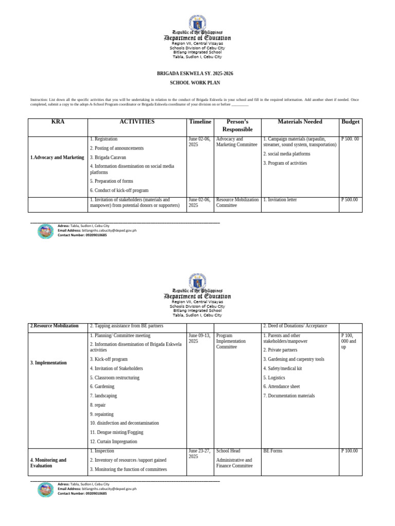 Brigada Eskwela 2025-2026 Work Plan | PDF