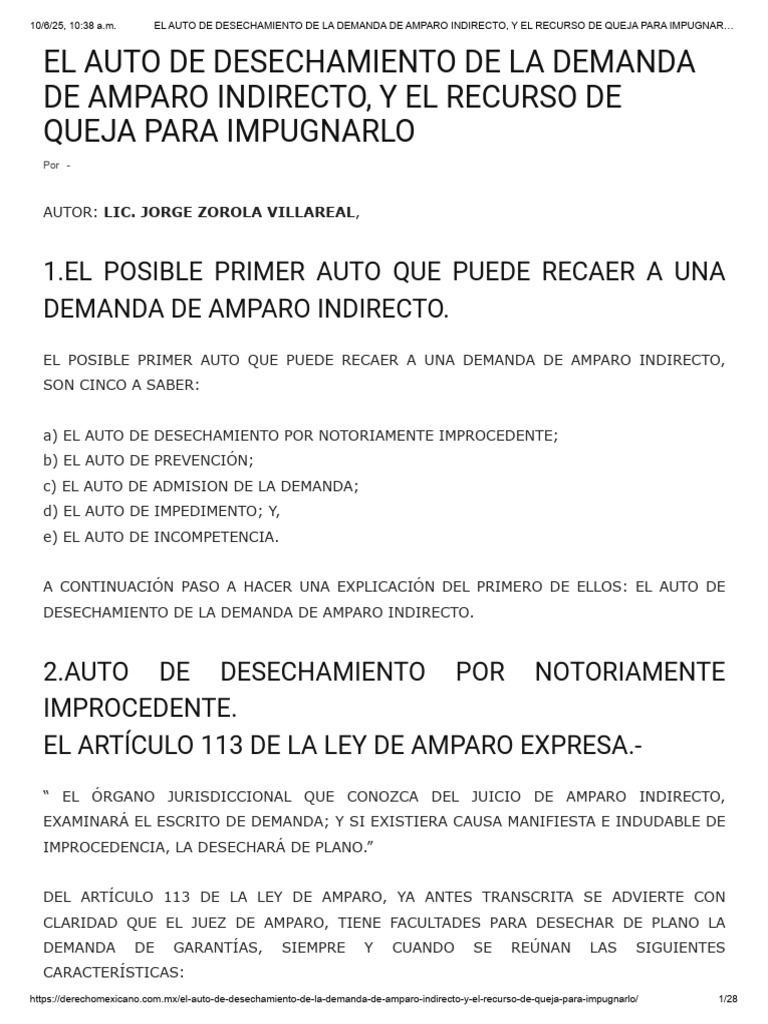 Auto de Desechamiento en Amparo Indirecto | PDF | Caso de ley | Demanda ...