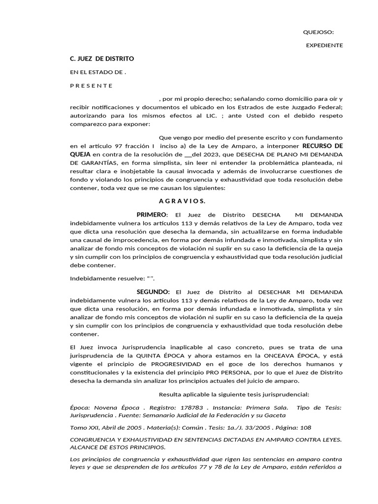 Recurso de Queja en Amparo Federal | PDF | Caso de ley | Constitución