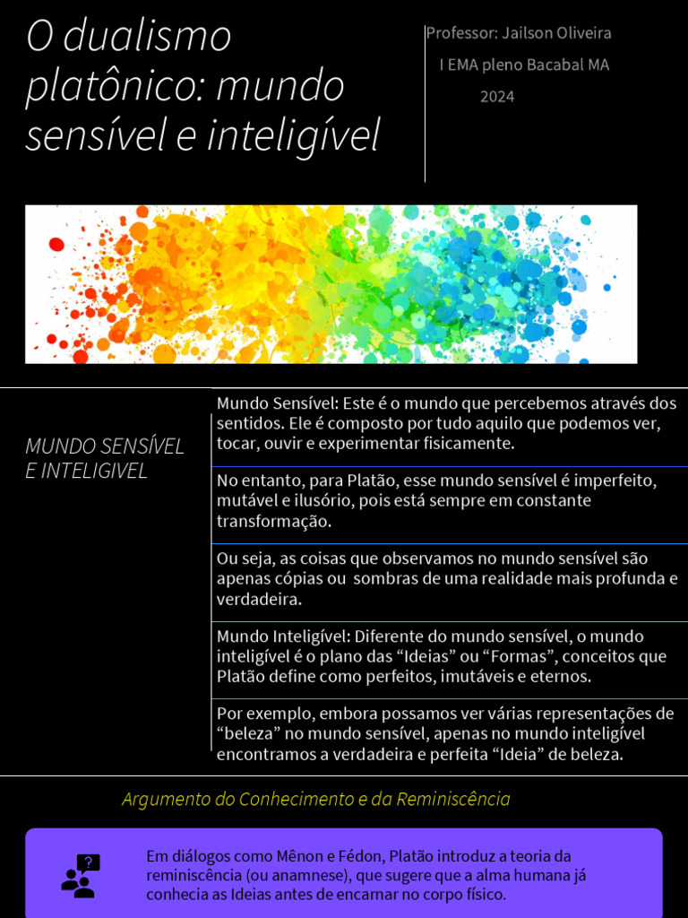 Dualismo Platônico: Mundos Sensível e Inteligível | PDF | Platão ...