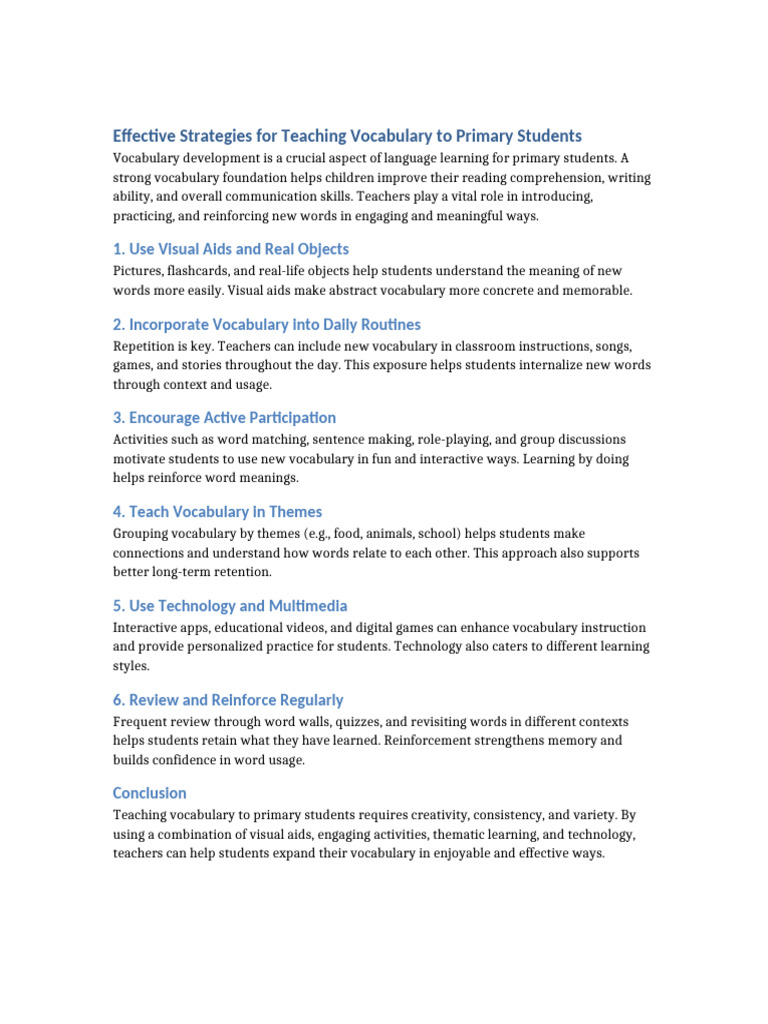 Teaching Vocabulary Primary | PDF
