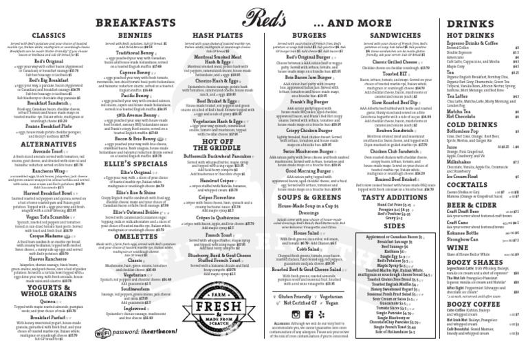 Red's Diner Breakfast Menu Highlights | PDF | Hamburgers | Bacon