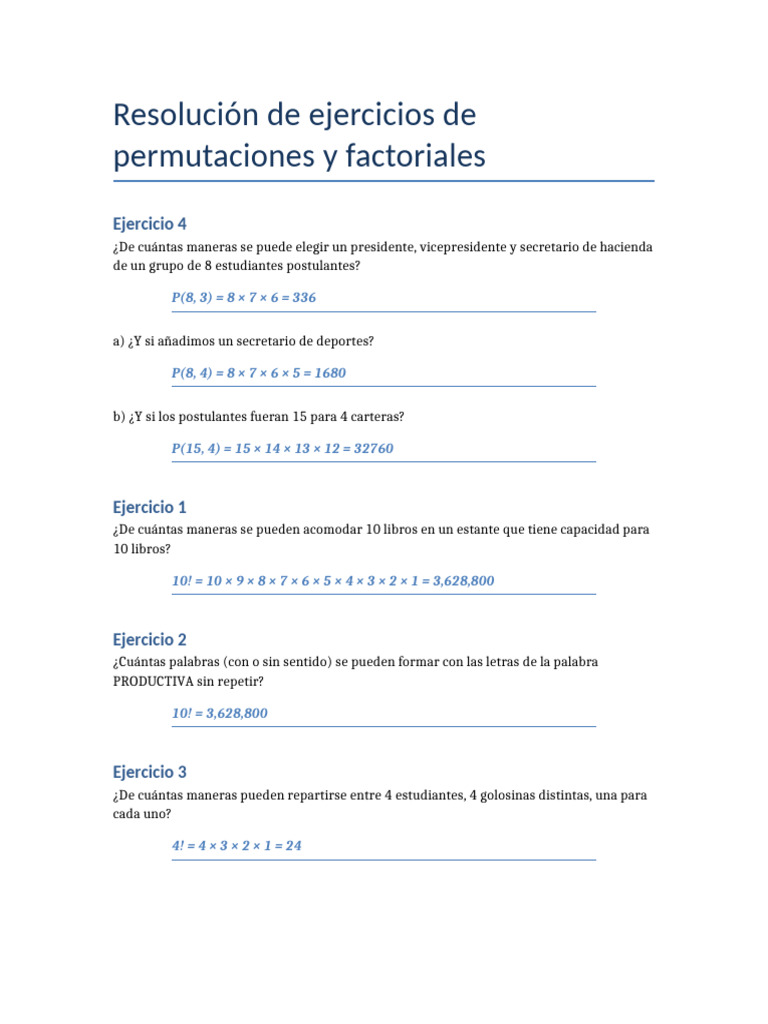 Ejercicios de Permutaciones y Factoriales | PDF