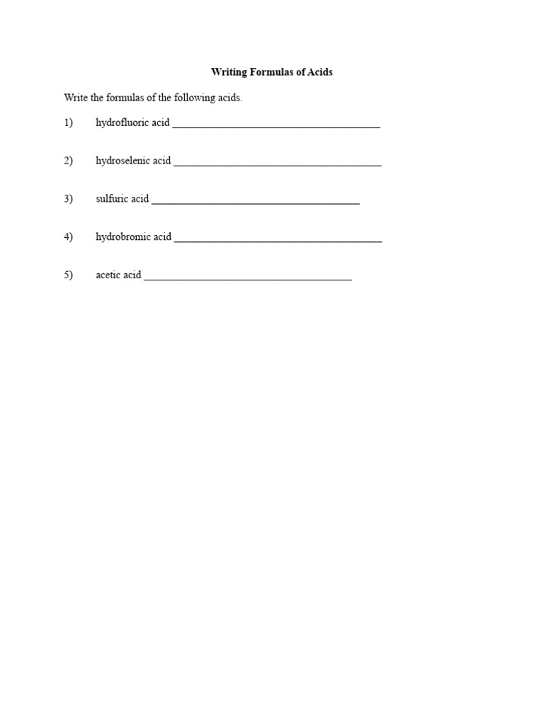 #Ch+2 Worksheet+7 +Writing+Formulas+of+Acids+and+KEY | PDF