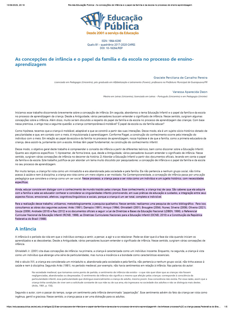 Infância: Papel da Família e Escola na Aprendizagem | PDF | Pré-escola ...