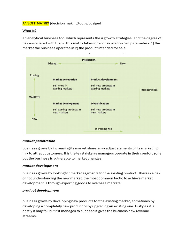 Ansoff Matrix: Growth Strategies Explained | PDF