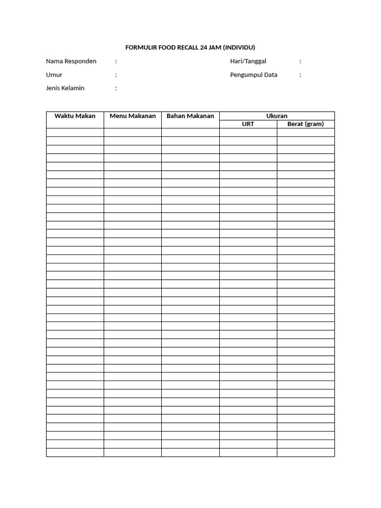 Form Food Recall 24 Jam | PDF