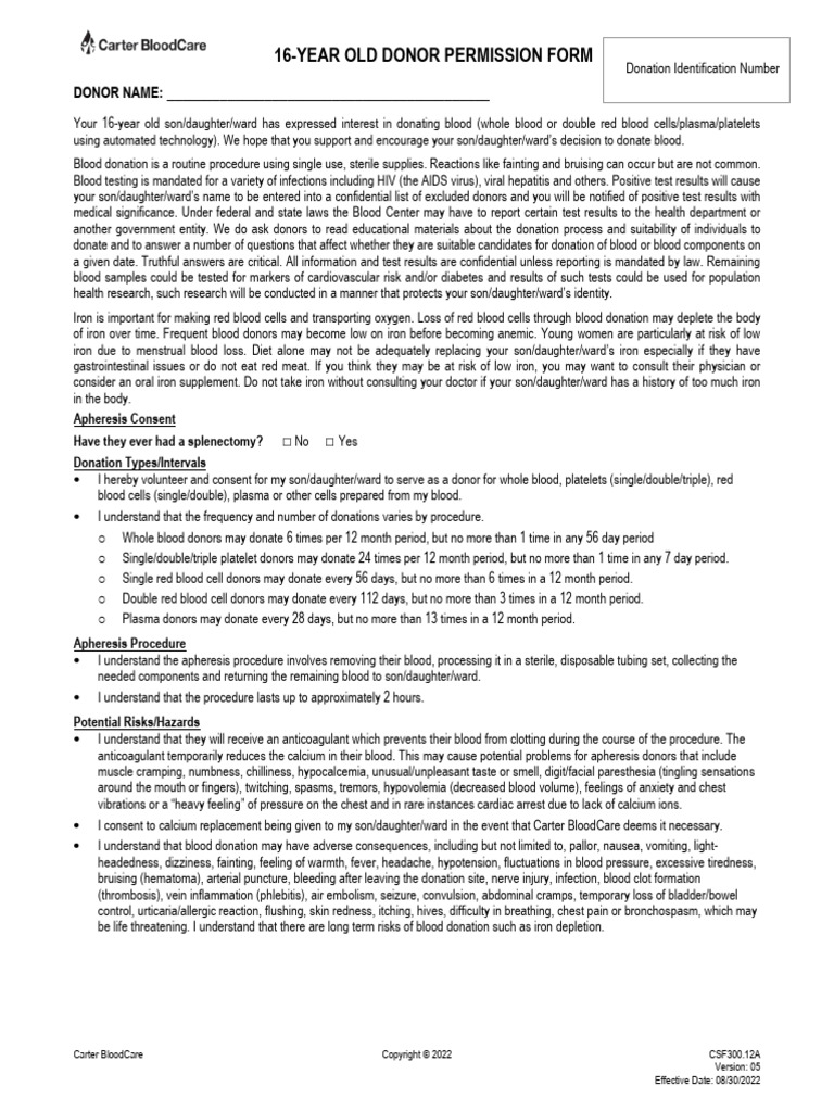 16-Year-Old Blood Donation Consent Form | PDF | Blood Donation | Blood