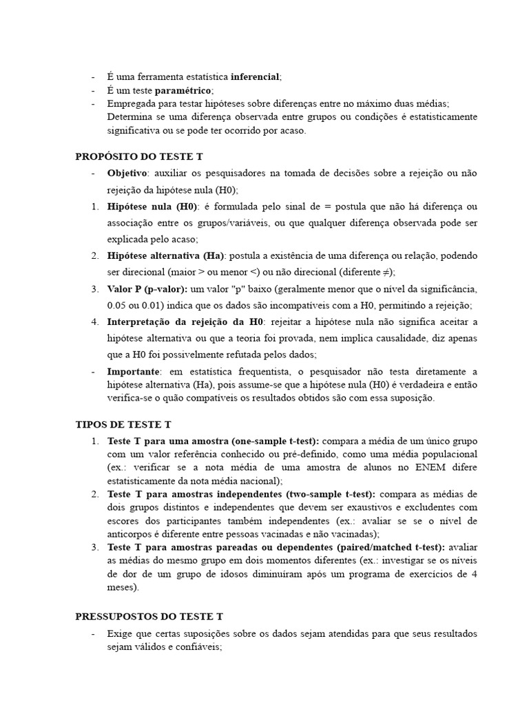 Teste T: Fundamentos e Aplicações | PDF | Teste T de Student | Hipótese ...