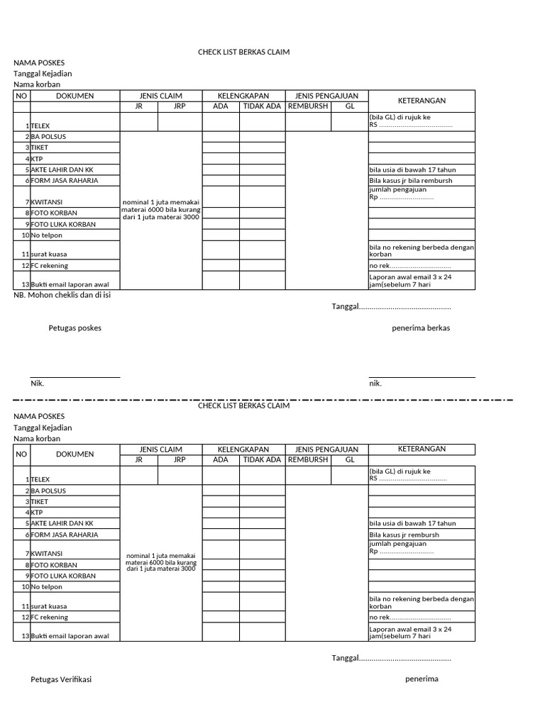 Checklist Klaim Rembursh Poskes | PDF