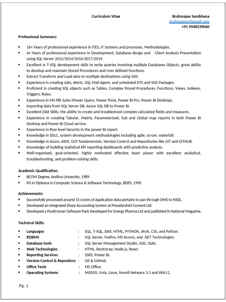 Brahmajee Sambhana Resume | PDF | Microsoft Sql Server | Sql