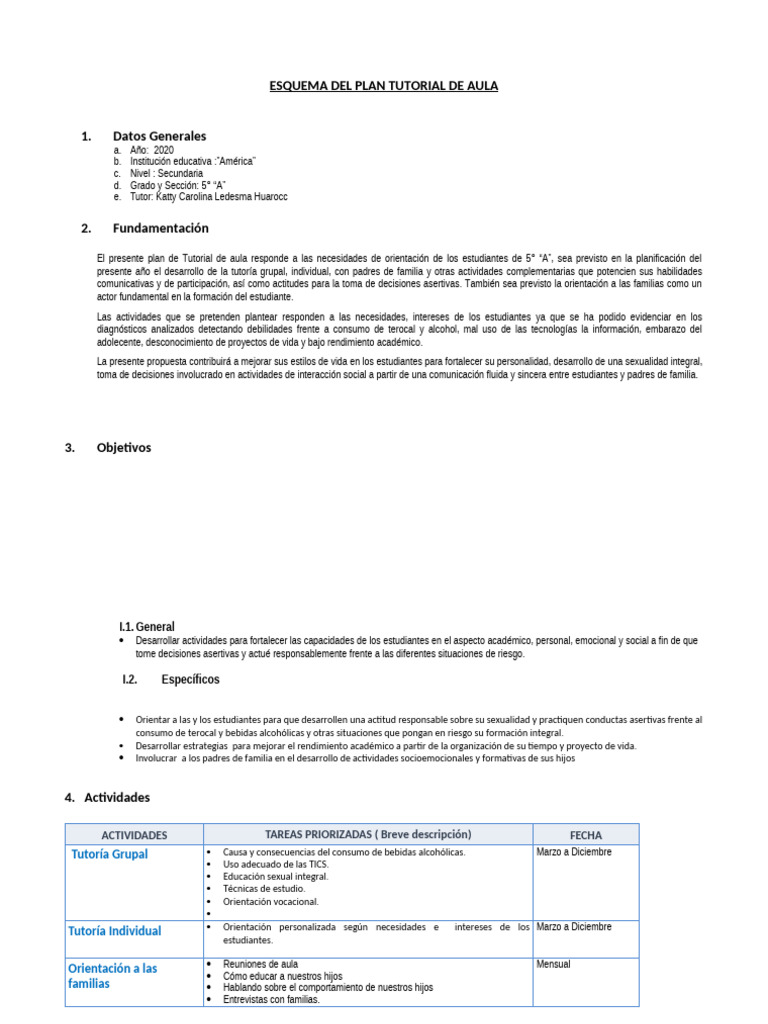 Plan Tutorial para Secundaria 5° "A" | PDF | Salón de clases | Aprendizaje