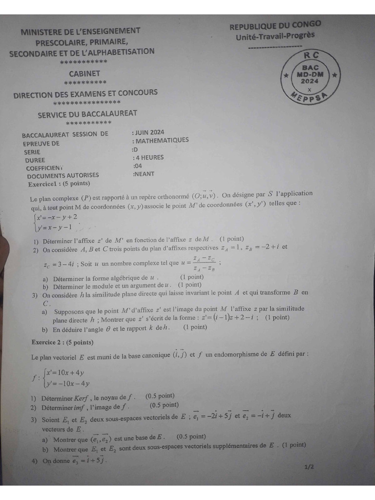 ANNALE de Maths Série D (BAC ROUGE) Congo-Brazzaville de 2010-2024. M ...