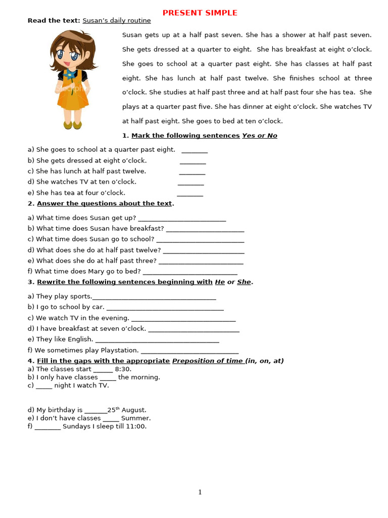 Susan's Daily Routine: Present Simple Guide | PDF | Lunch