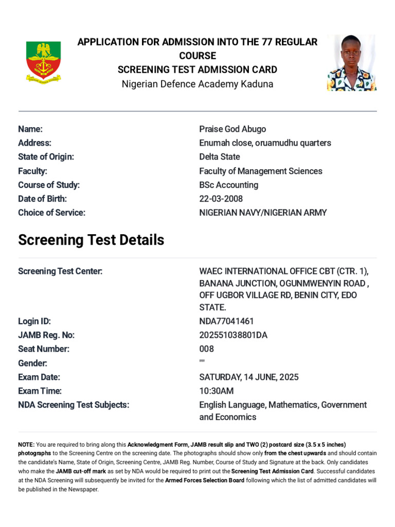 NDA 77RC Admission Screening Card | PDF