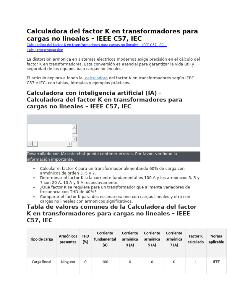 Calculadora del Factor K en Transformadores | PDF | Transformador ...