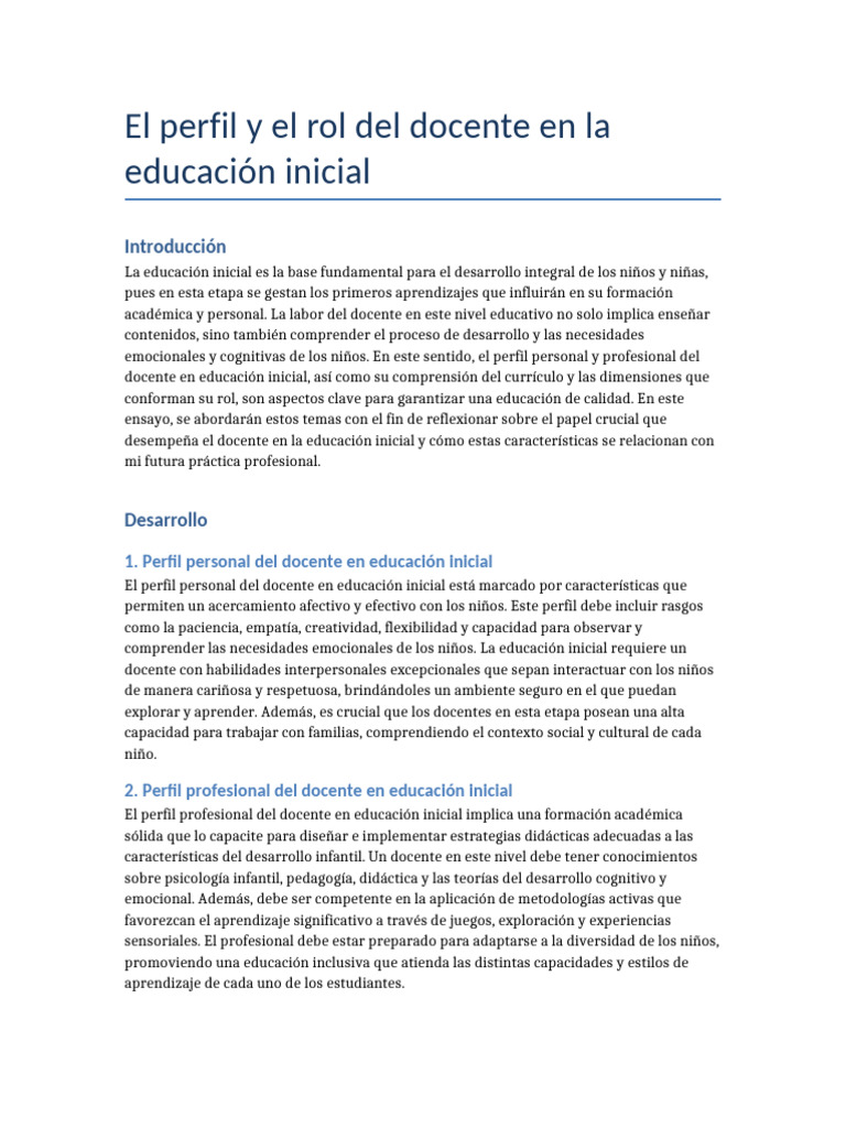 Rol y perfil del docente en educación inicial | PDF | Educación de la ...