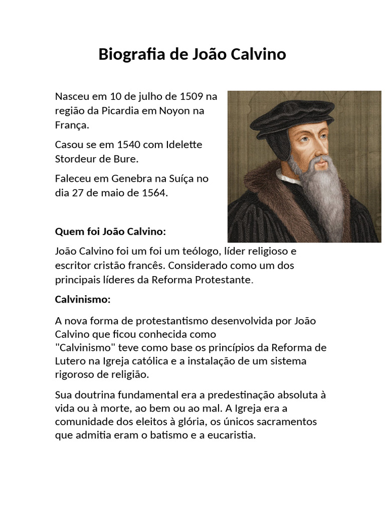 Biografia de João Calvino e Calvinismo | PDF