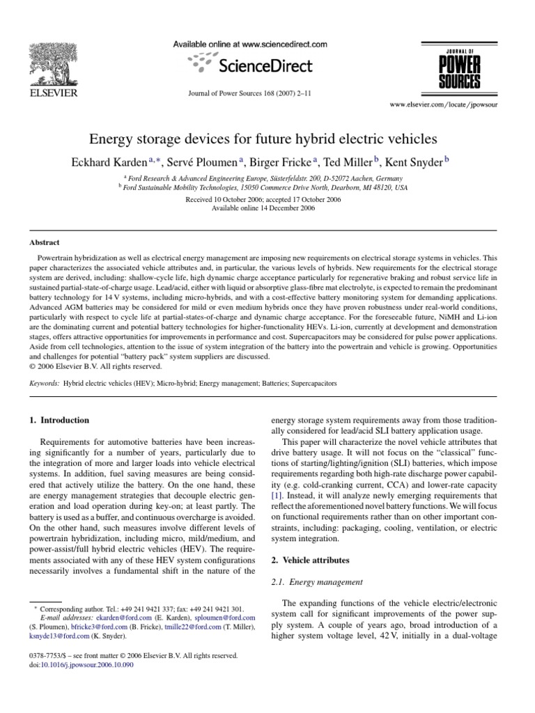 Energy Storage Devices For Future Hybrid Electric Vehicles | PDF ...