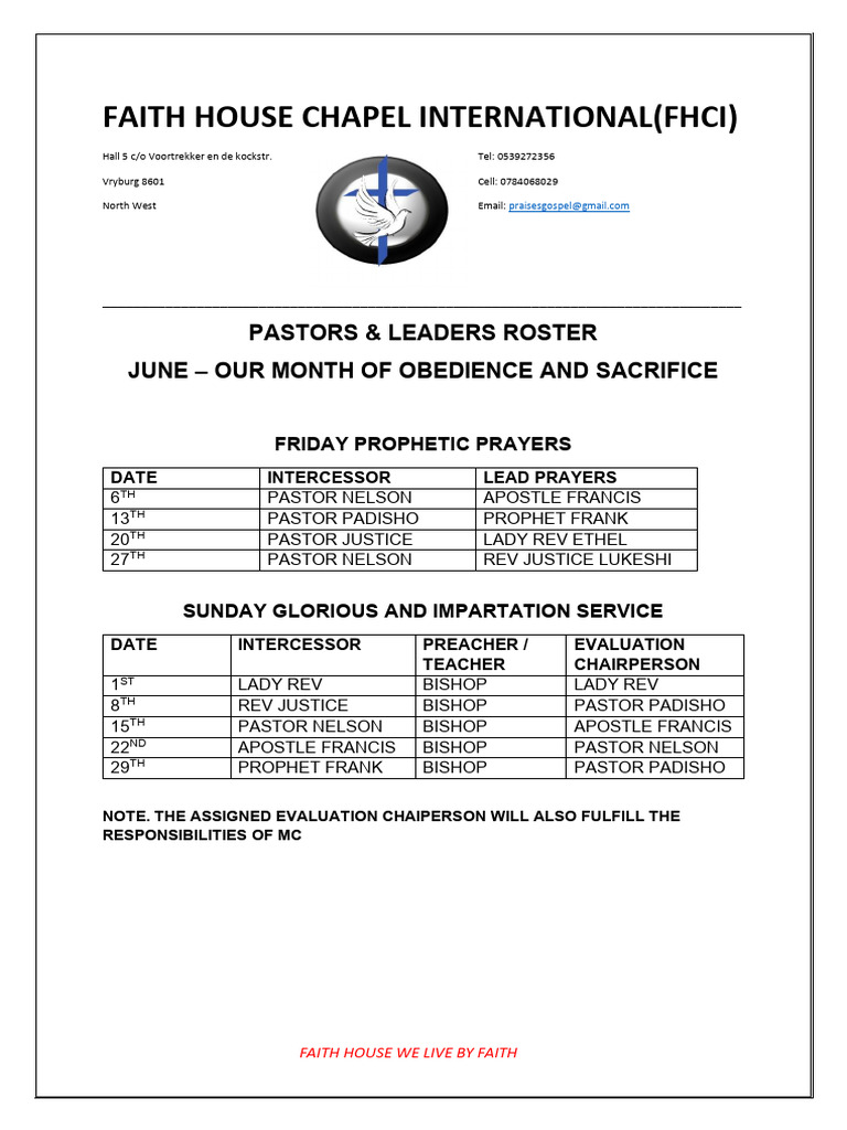 June Pastor's & Leaders Roster | PDF