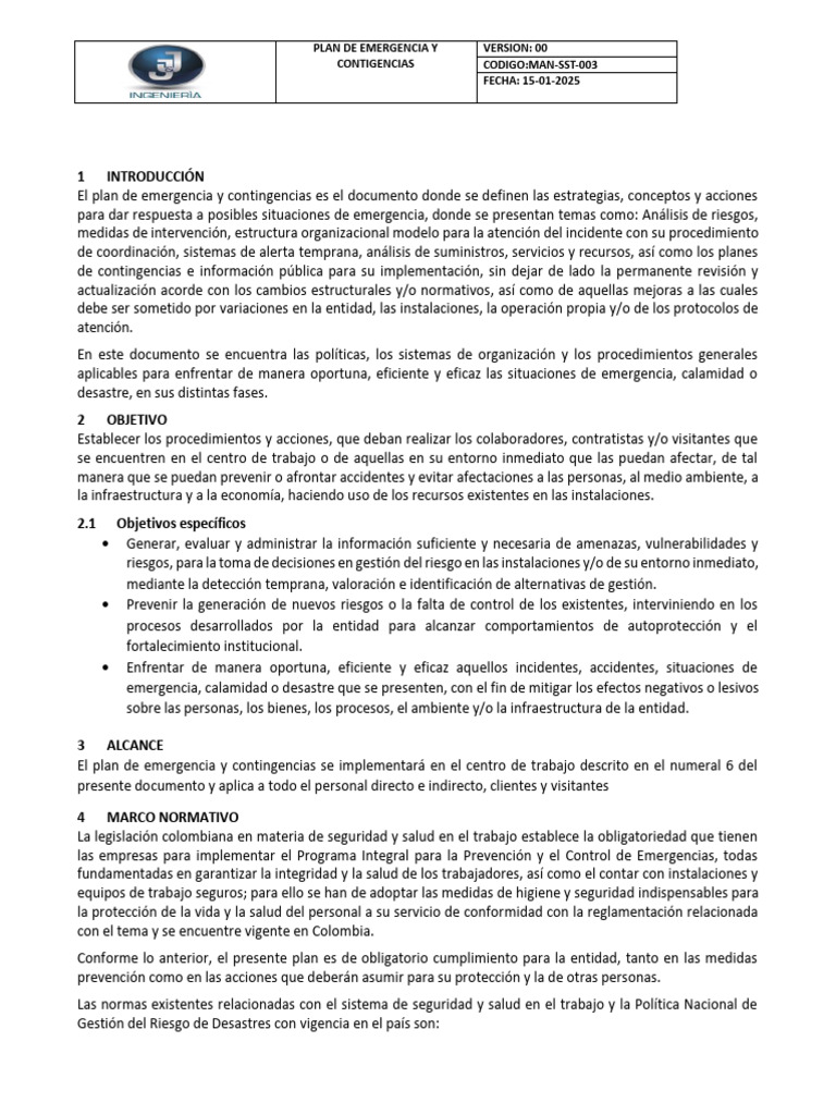 Plan de Emergencias y Contingencias Jyj Ingenieria | PDF | Seguridad y ...
