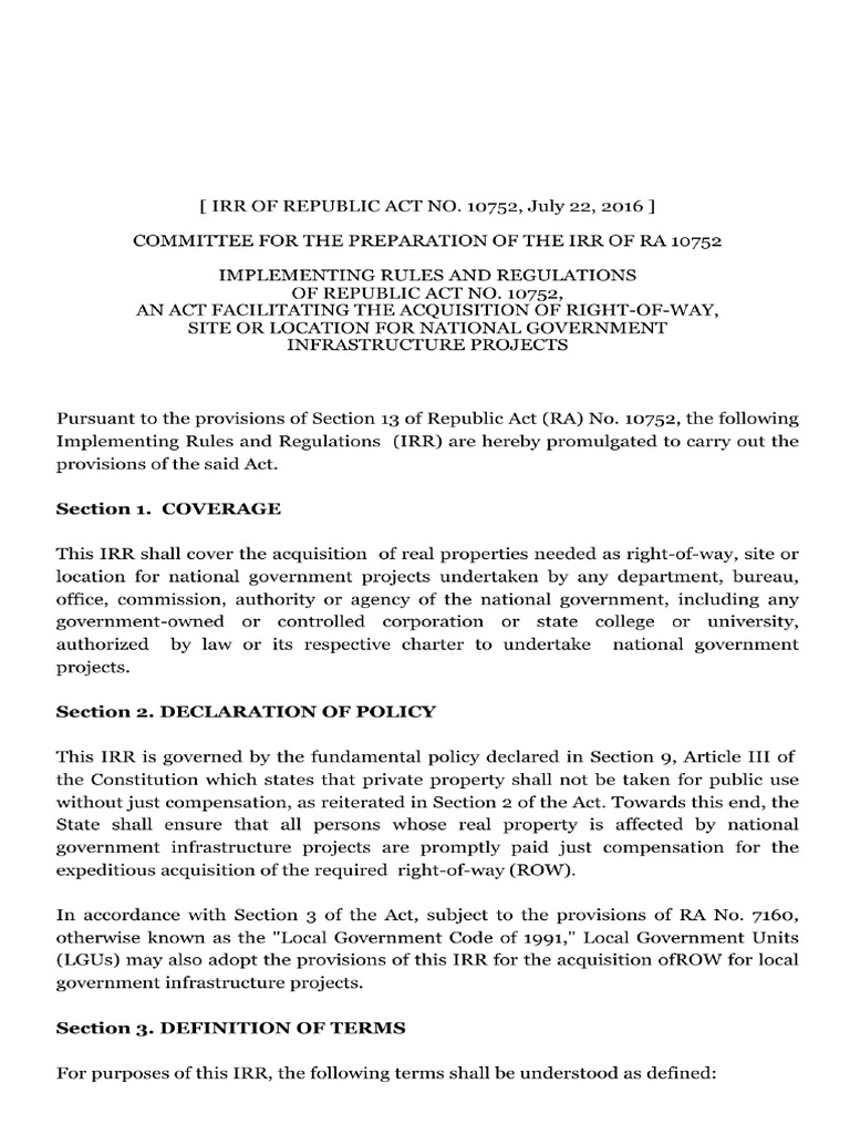 IRR of RA 10752: Right-of-Way Acquisition | PDF | Taxes | Squatting