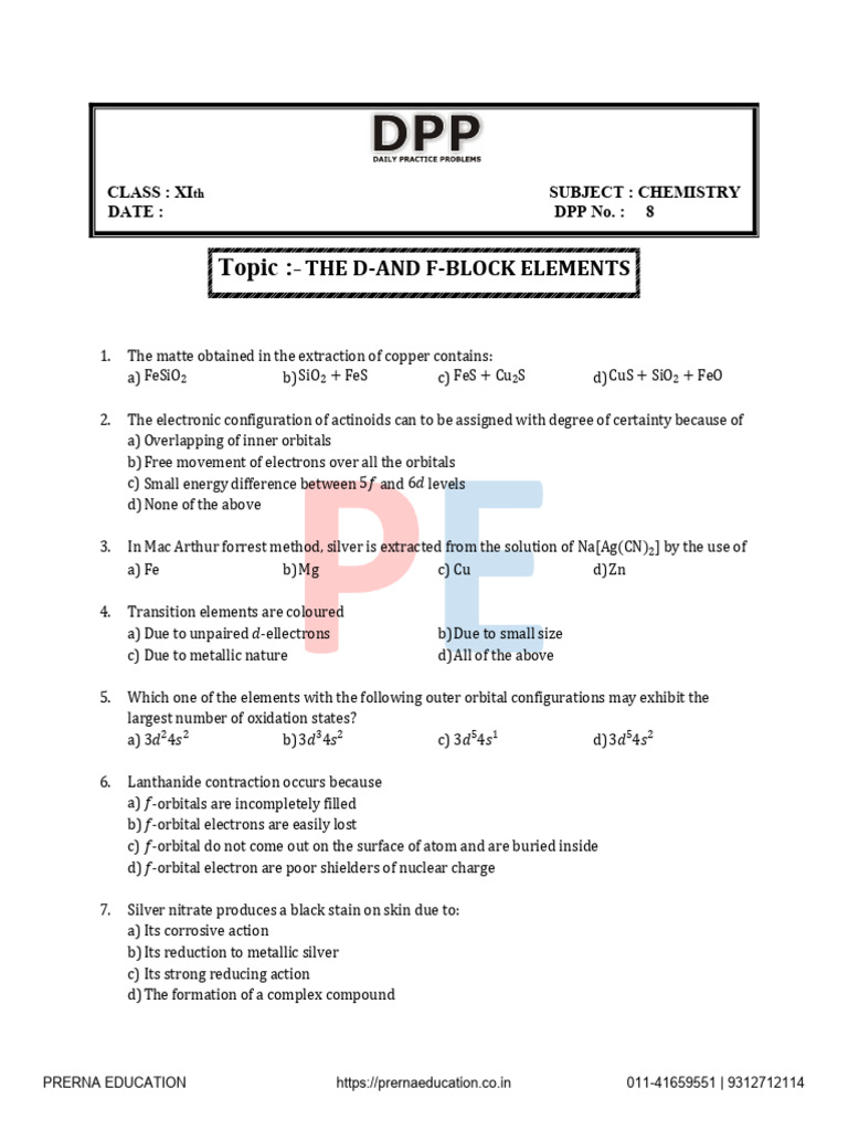 D F Block Elements DPP 8 | PDF | Silver | Materials