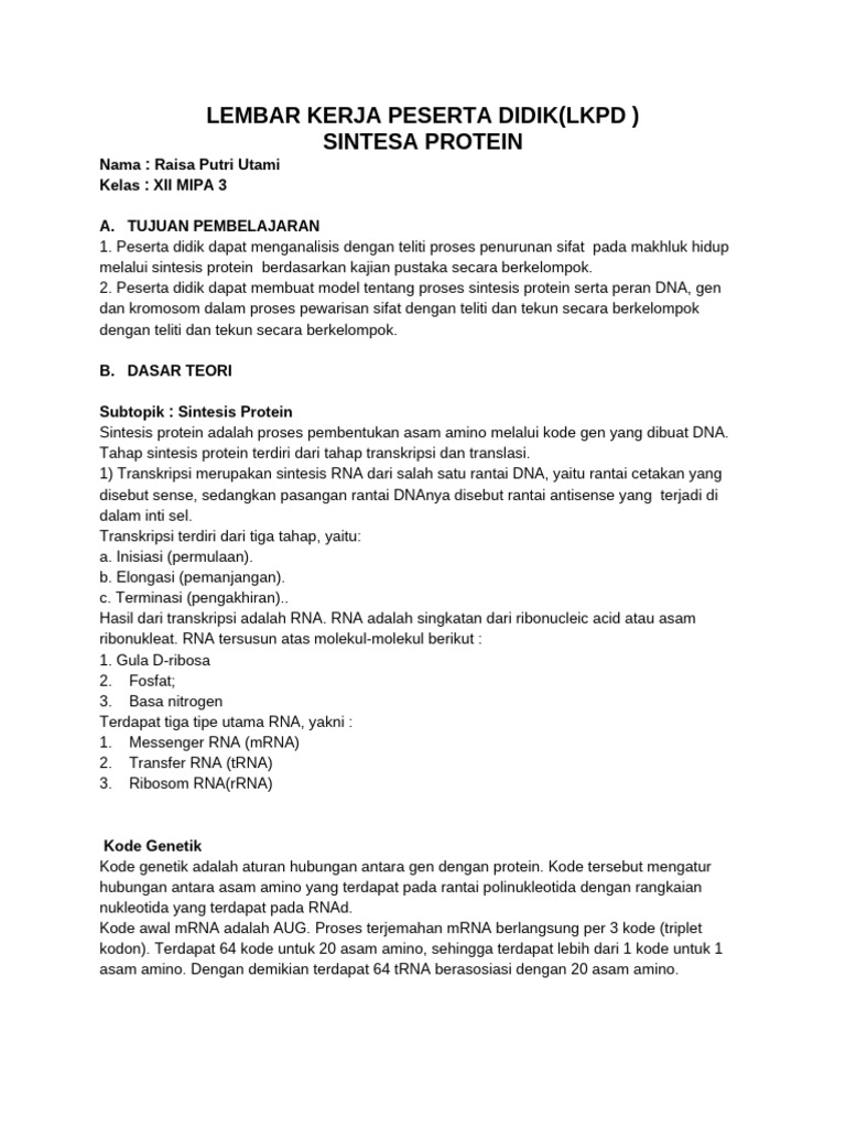 LKPD Sintesis Protein Kelas XII MIPA | PDF