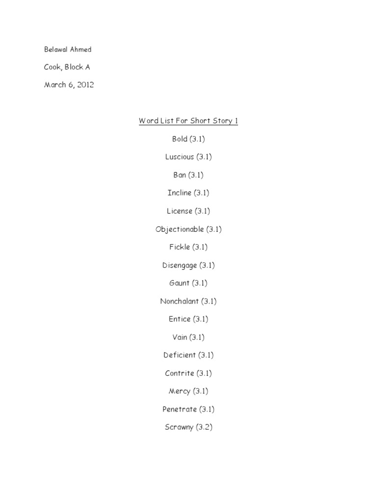 Word List for Short Story 1 | PDF