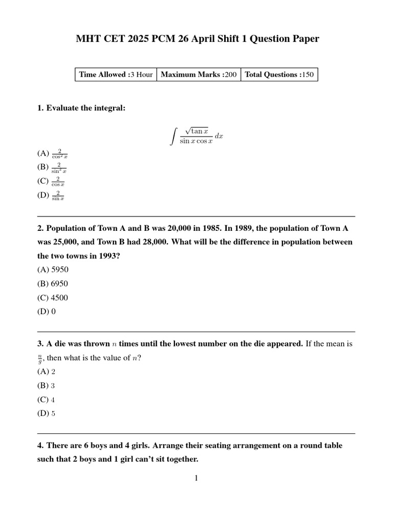 MHT CET 2025 Math Question Paper | PDF | Algebra | Mathematics