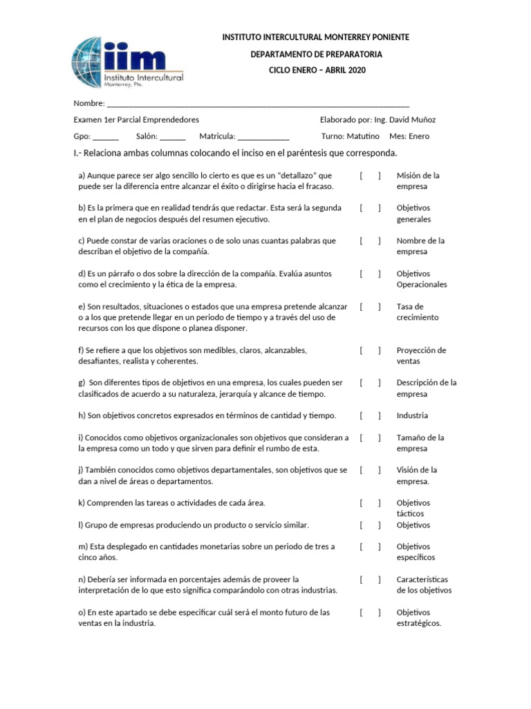 Examen 1er Parcial Emprendedores | PDF | Plan de negocios | Economias