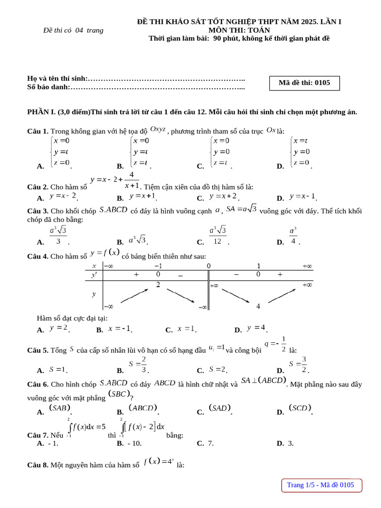 Mã 0105 Toán 12 | PDF