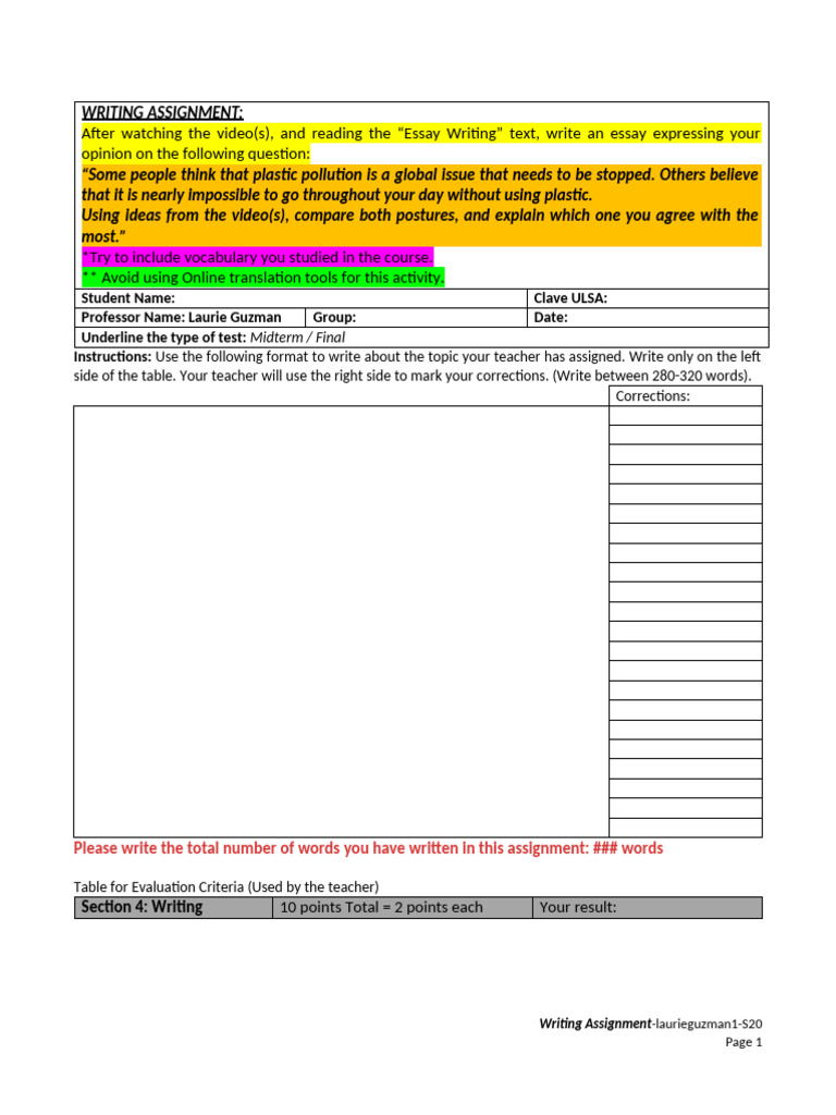 Writing Assignment NVF22 Plastic Issue | PDF | Essays | Human Communication