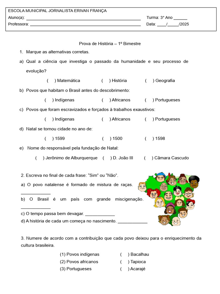 Prova de História 3° Ano | PDF | Miscigenação | Brasileiros