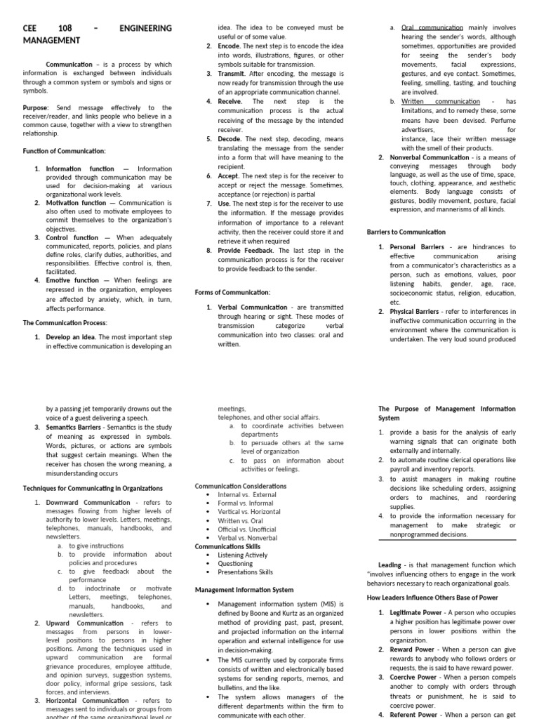 Cee 108 Engineering MGT E3 Notes | PDF | Leadership | Communication