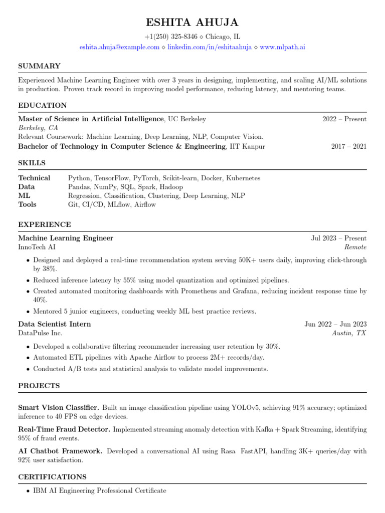 Machine Learning Engineer Resume | PDF | Machine Learning | Artificial ...