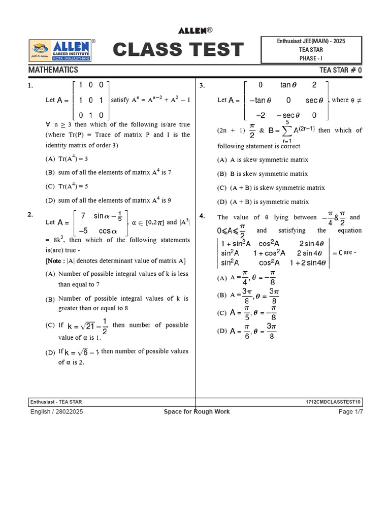1712cmdclasstest10 Allen | PDF | Matrix (Mathematics) | Triangle