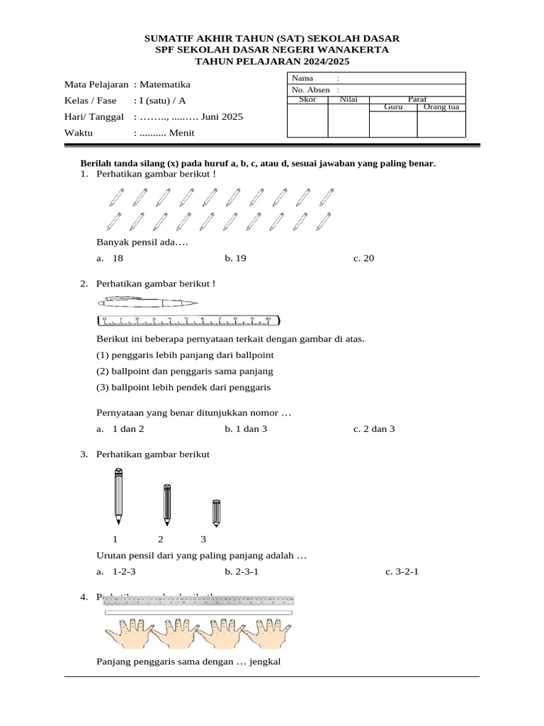 3 Semester 2 Soal Sat Matematika Kelas 1 | PDF