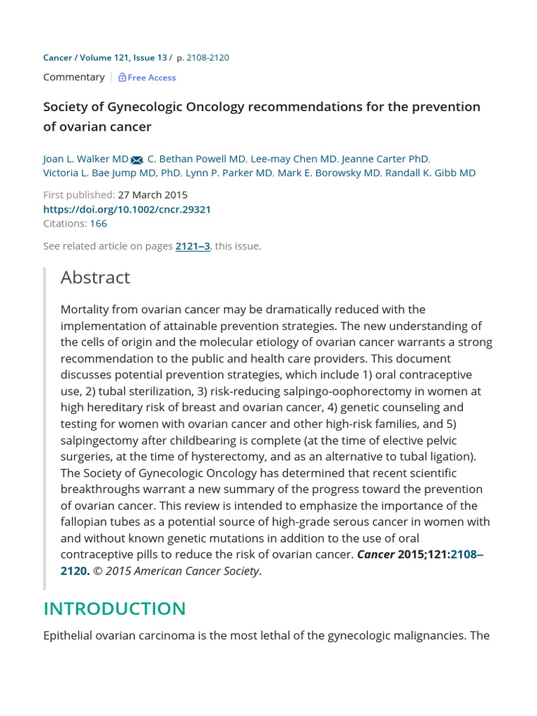 Society of Gynecologic Oncology Recommendations For The Prevention ...