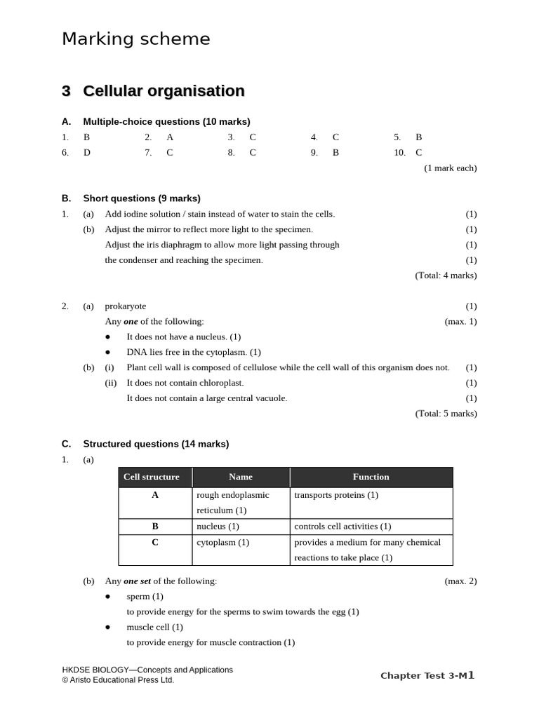 Cellular Organization Marking Scheme | PDF | Cell (Biology) | Tissue ...